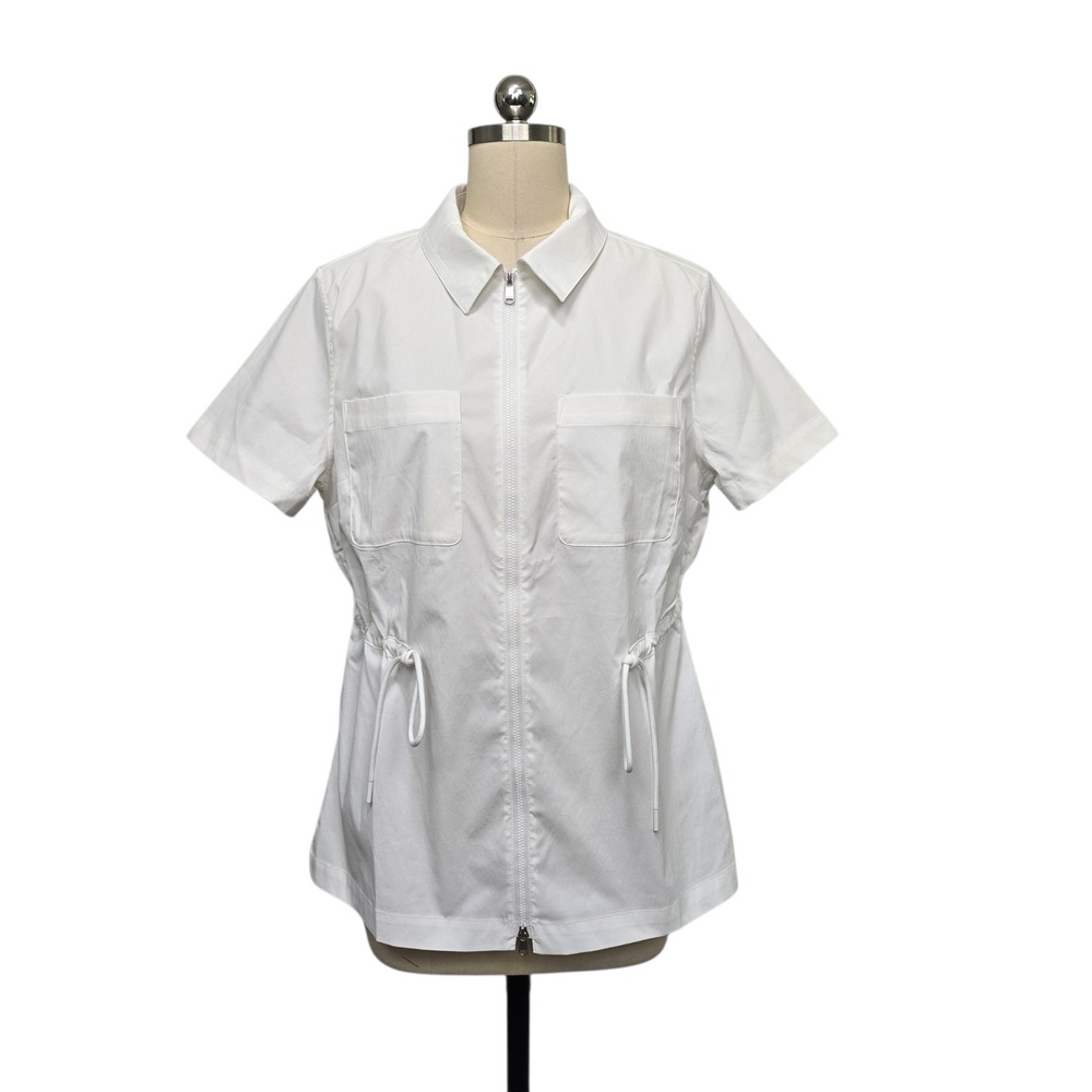 Athleta Womens White Short Sleeve Zip Up‎ Utility Shirt Drawstring Waist Medium